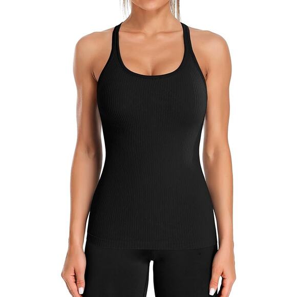Women's Black Ribbed Workout Tank with Built-In Bra Size Medium - Like New -💪🖤 - Picture 1 of 9